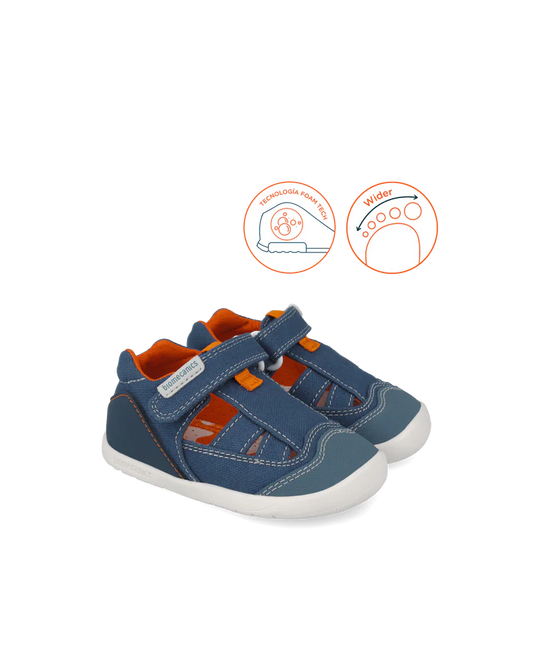 Sandale bébé premiers pas en toile bleue – Biomecanics – chaussures ergonomiques garçon – Nanou’s House Maroc