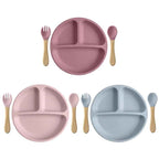 Set Repas Bébé Assiette Ventouse Silicone + Couverts