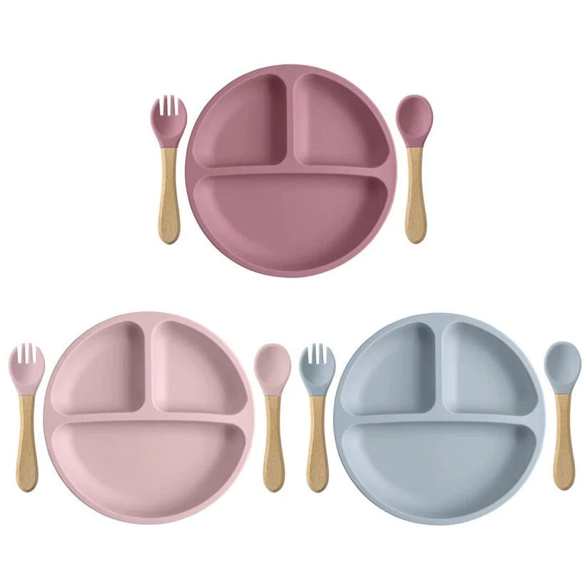 Set repas bébé assiette ventouse silicone bleu avec fourchette et cuillère