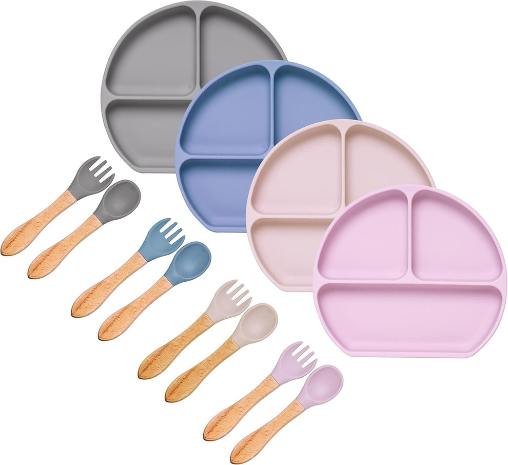 Set repas bébé assiette ventouse silicone avec fourchette et cuillère