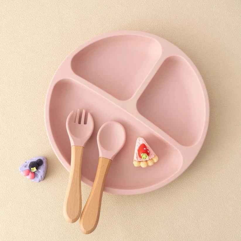 Set Repas Bébé Assiette Ventouse Silicone + Couverts