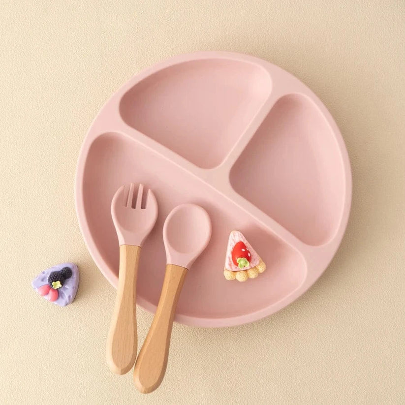 Set repas bébé assiette ventouse silicone rose avec fourchette et cuillère