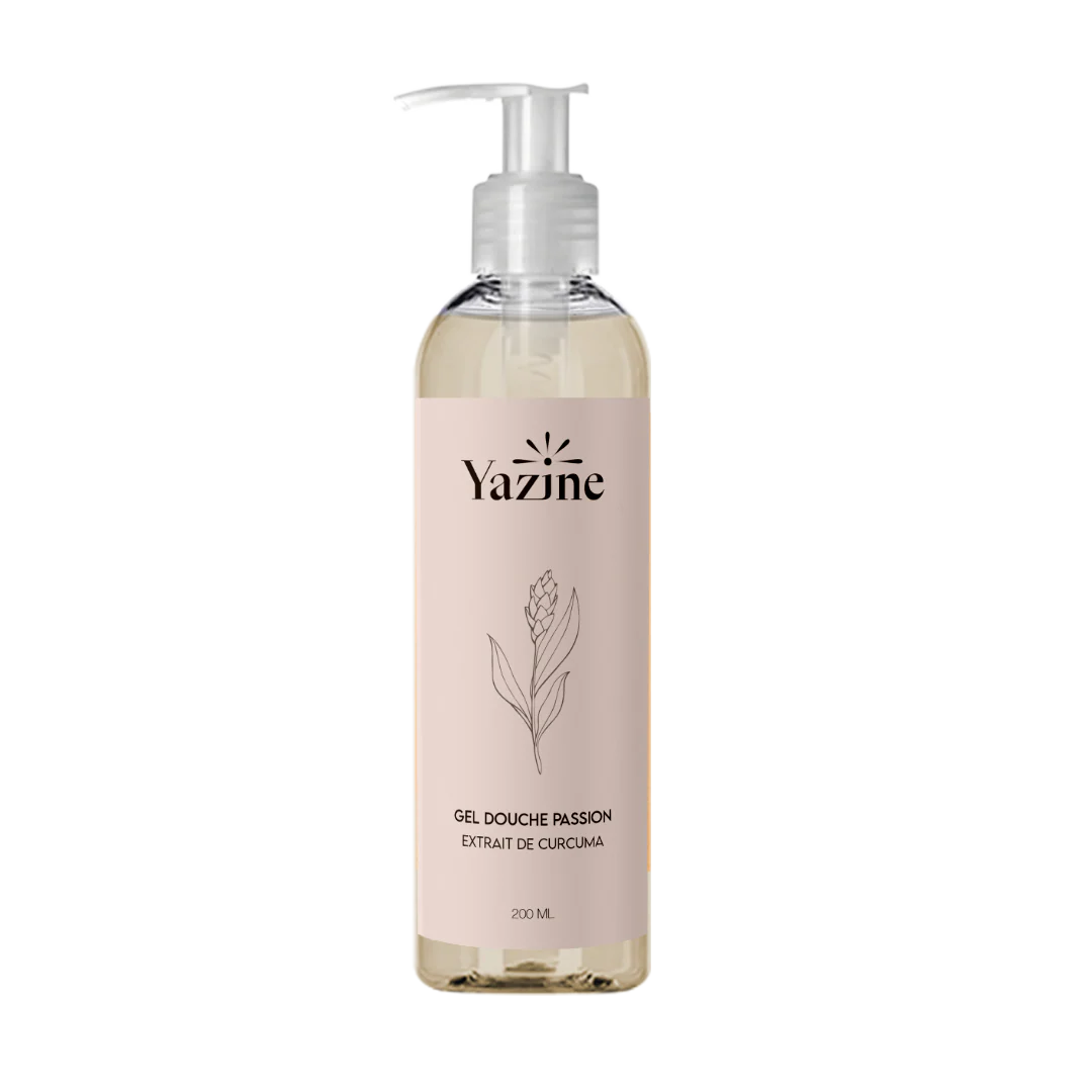 Gel douche Yazine passion enrichi en extrait de curcuma – soin naturel pour le corps disponible chez Nanou’s House Maroc