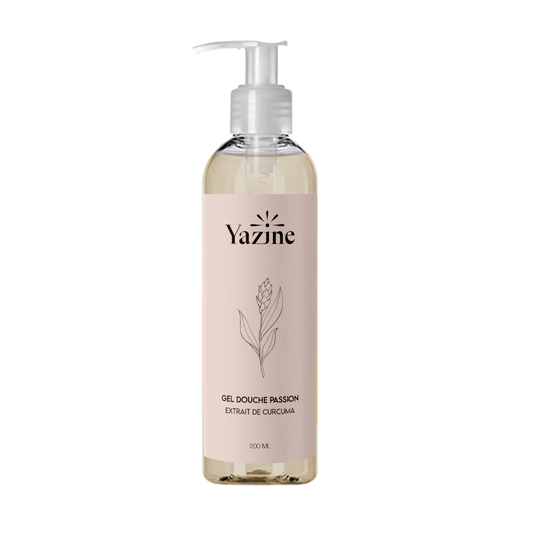 Gel douche Yazine passion enrichi en extrait de curcuma – soin naturel pour le corps disponible chez Nanou’s House Maroc