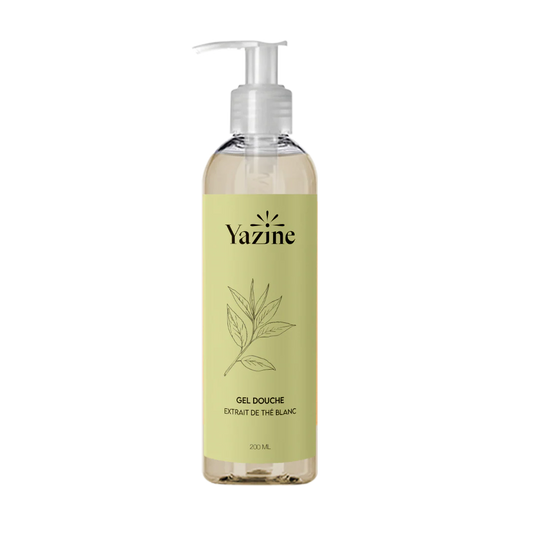 Gel douche Yazine au thé blanc et concombre – soin naturel rafraîchissant disponible chez Nanou’s House Maroc