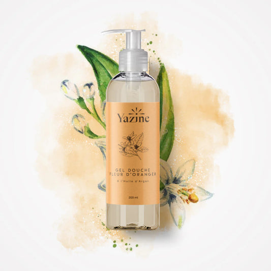 Gel nettoyant naturel Yazine à la fleur d’oranger 250 ml – soin doux pour le corps disponible chez Nanou’s House Maroc