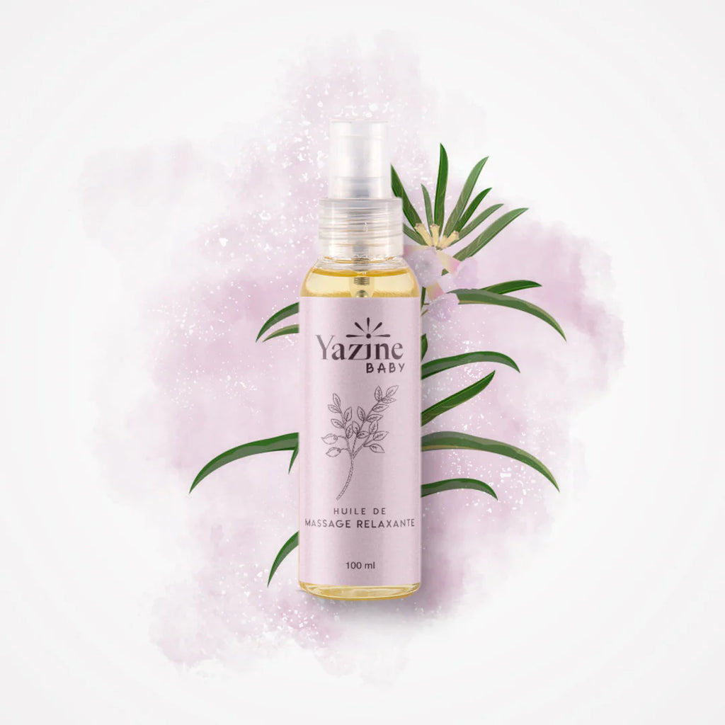 Huile de massage relaxante pour bébé Yazine – soin naturel disponible chez Nanou’s House Maroc