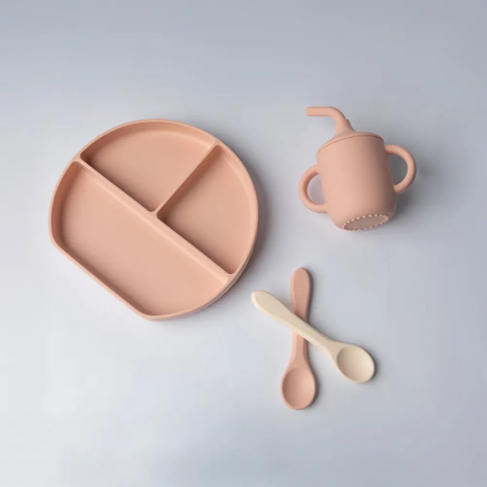YUMMY set repas bébé en silicone antidérapant 6M+ rose | Nanou’s House Maroc
