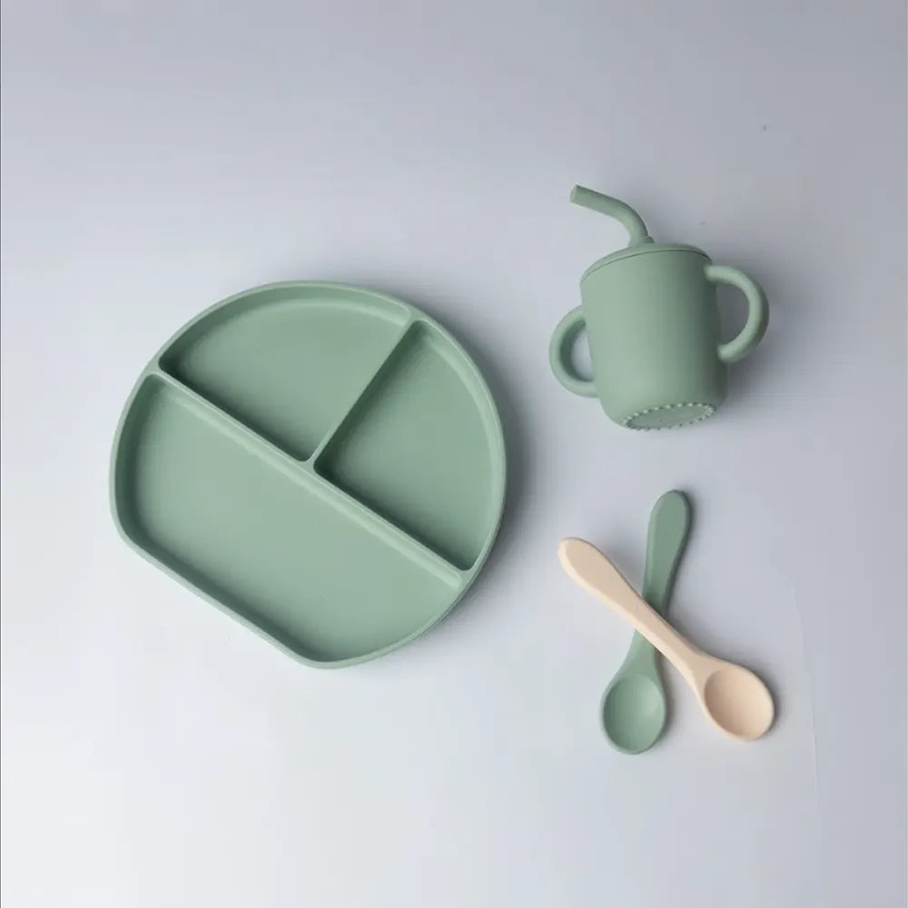 YUMMY set repas bébé en silicone antidérapant 6M+ vert pastel | Nanou’s House Maroc