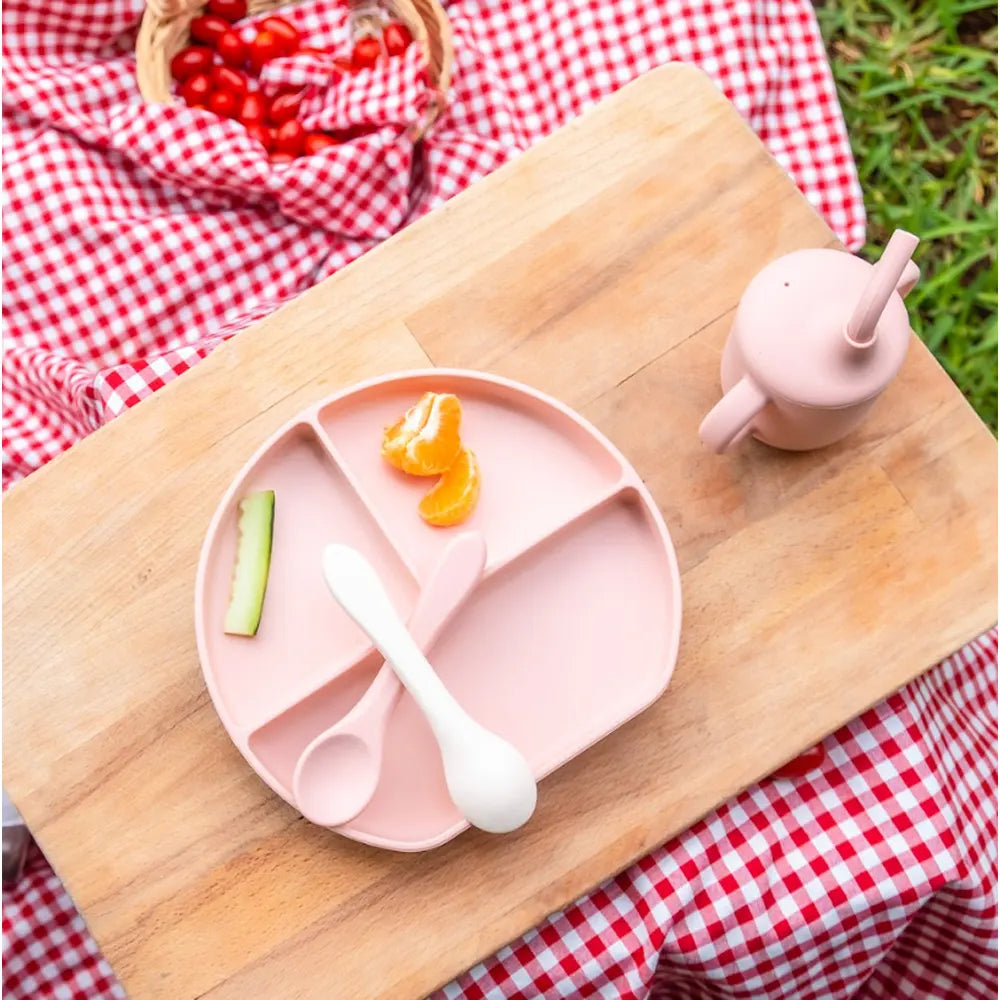 YUMMY set repas bébé en silicone antidérapant 6M+ rose  | Nanou’s House Maroc