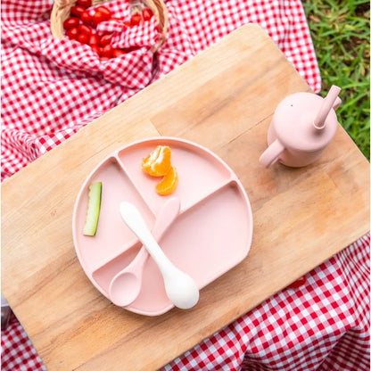 YUMMY set repas bébé en silicone antidérapant 6M+ rose  | Nanou’s House Maroc