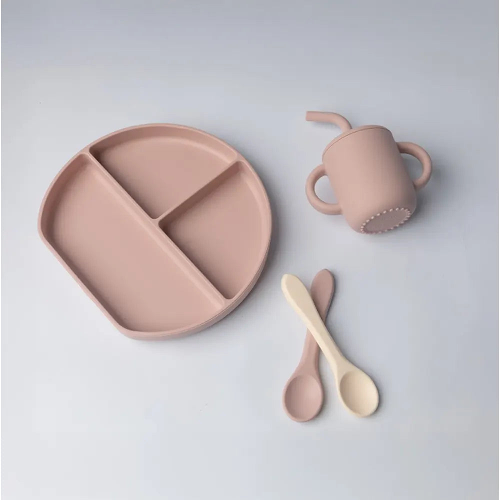 YUMMY set repas bébé en silicone antidérapant 6M+ rose | Nanou’s House Maroc