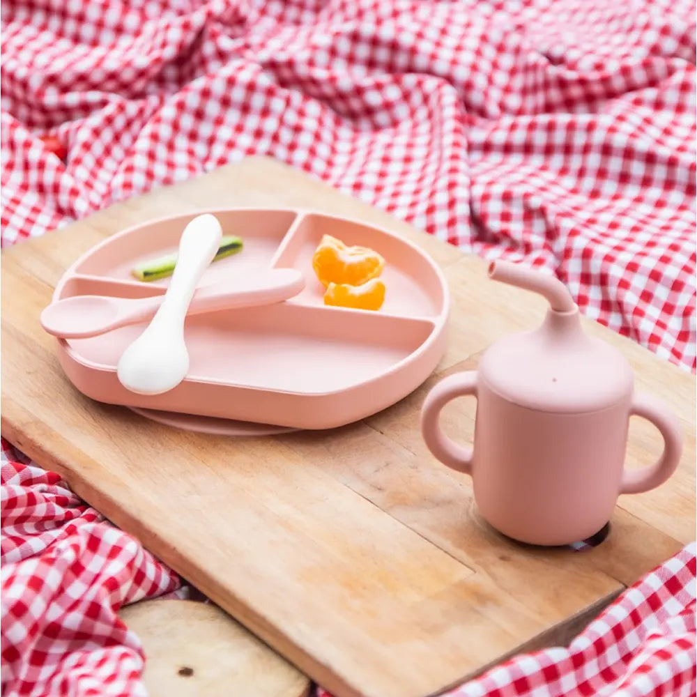 YUMMY set repas bébé en silicone antidérapant 6M+ rose | Nanou’s House Maroc